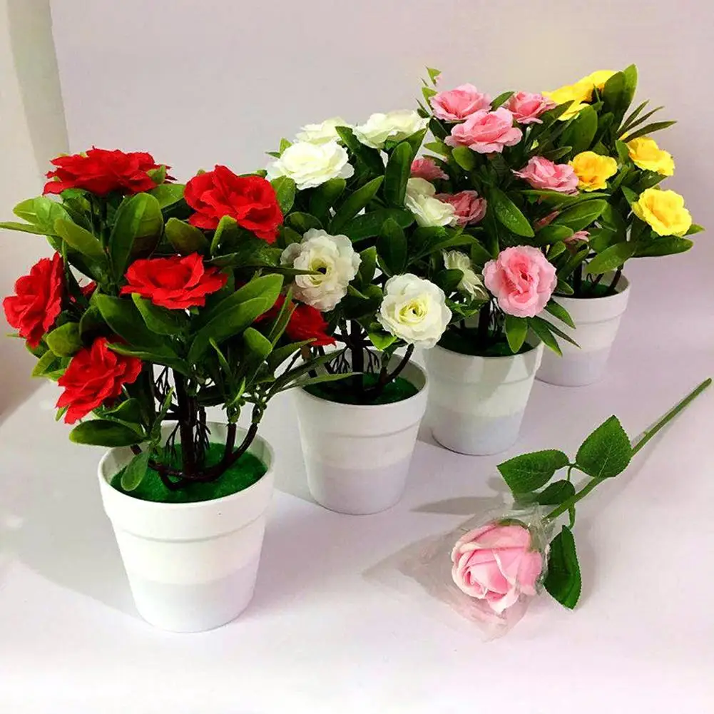 Artificial Potted Plant Fake-Rose Flower Bonsai Pot Home Garden Wedding Decor 