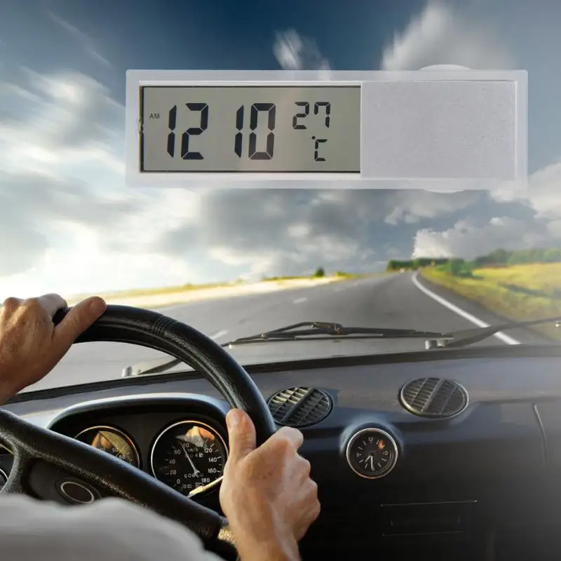 

2 in 1 Mini LCD Digital Auto Car Truck Clock Thermometer with Suction Cup AG10 Button Cell Battery Operated 90x27x15mm