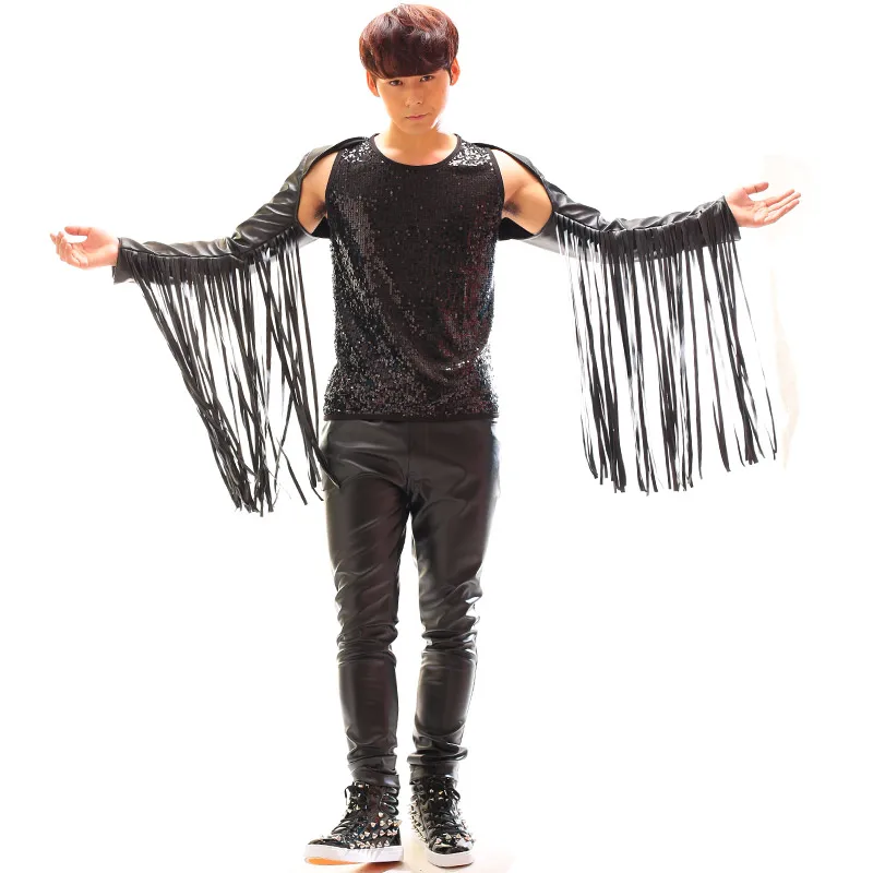 

Band Rock Drum Men And Women Singer DJ Adult Show Tassel Vest Punk PU Leather Tank Tops Boys Male Show Costumes