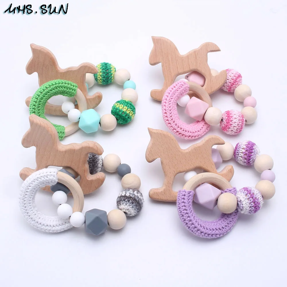 

MHS.SUN 100% Food grade silicone&wooden bracelets polyelement weave woolen ball beads with hobbyhorse toy for baby kid chewing