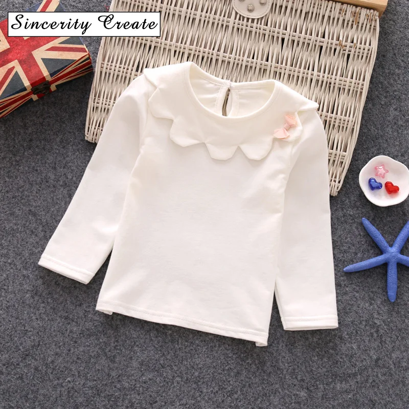 

Sweet solid full sleeve baby girls blouses Multicolored turn-down collar Lotus leaf collar Petal collar White stripe 1-7 KT-1807