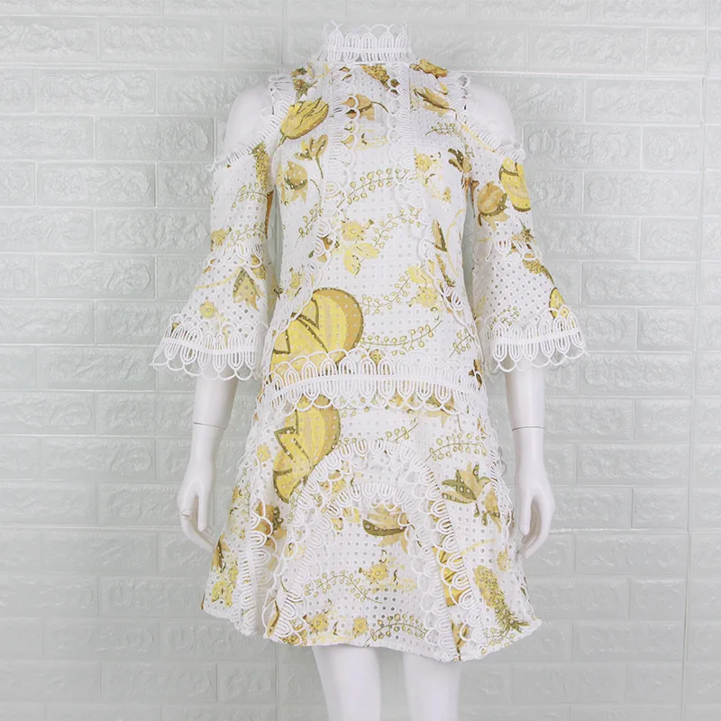 

Goodlishowsi Summer Beach Boho Dresses Women Mini Sexy Dress Yellow Floral Print Hollow Out Cold Shoulder Half Flare Sleeve