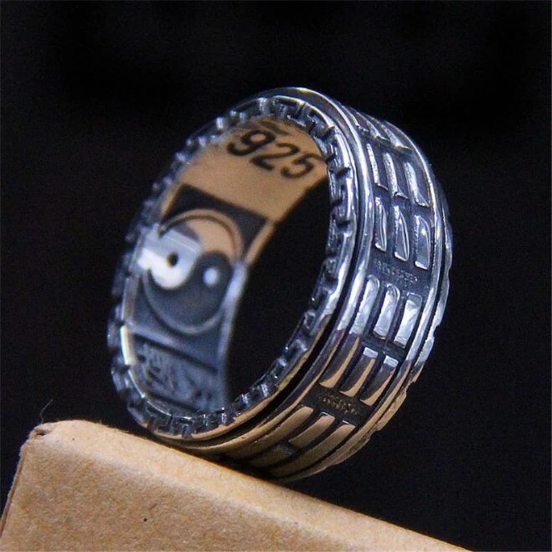 

Genuine 100% 925 Sterling Silver Vintage Punk Personalized Yin Yang Tai Chi Tai Ji Ba Gua Ring For Women Men Fashion Jewelry