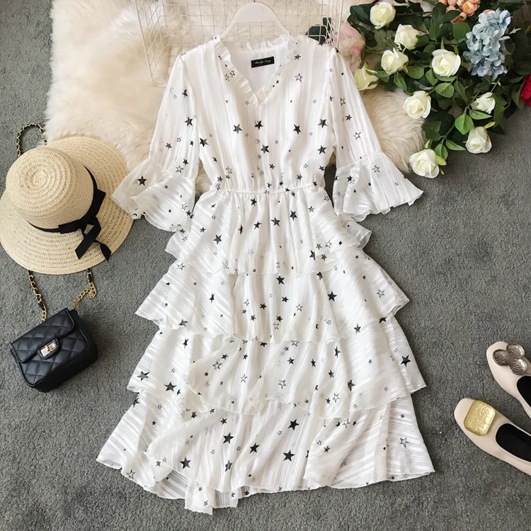 

Spring and Summer Women's 2019 Casual Dress Chic Lady High Waist Fashion V Neck Print Elegant Vestidos G805
