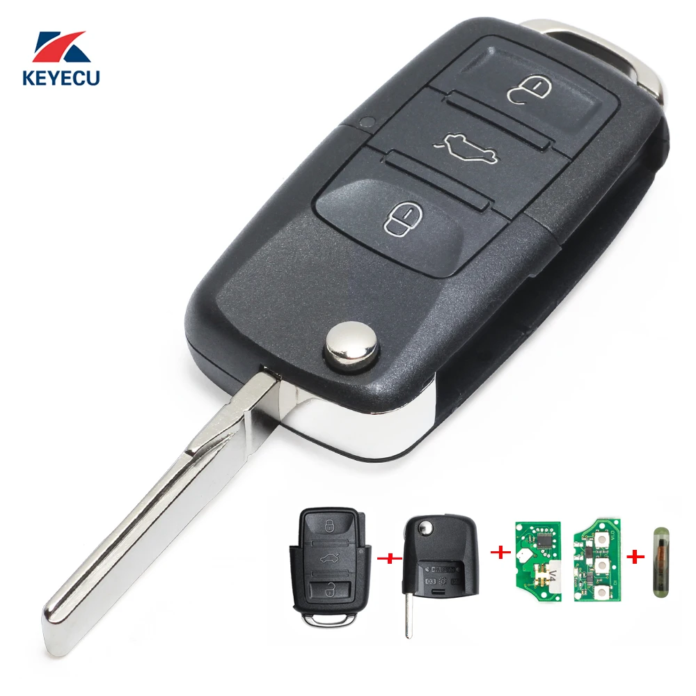 KEYECU Replacement Flip Remote Car Key Fob 3 Button 434MHz ID48 for VW Volkswagen Skoda Seat 1J0