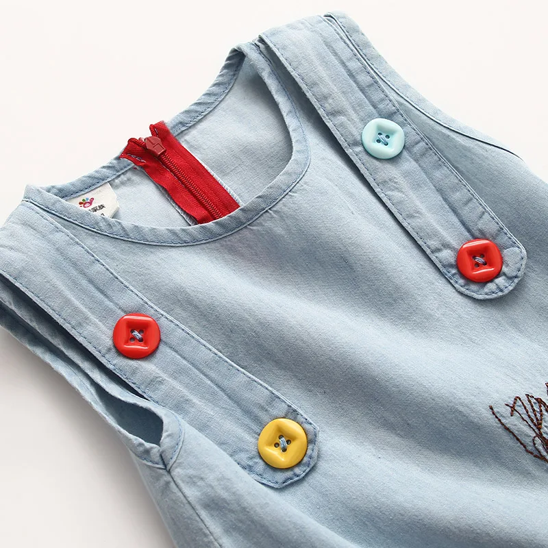 Summer New 2 3 4 6 8 10 Years Embroidery Cartoon Dog Tank Vest Dresses With Button O-Neck Cotton Baby Kids Girl Denim Dress