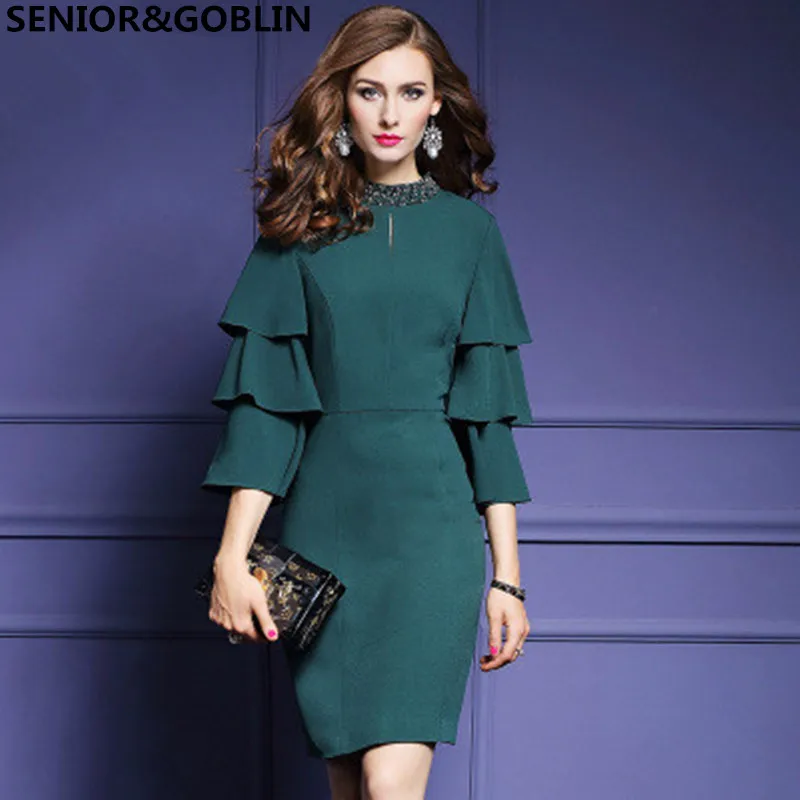 

High Quality Autumn Spring new arrive luxury runway designer elegant ruffle dress women plus size beading twist party dresses