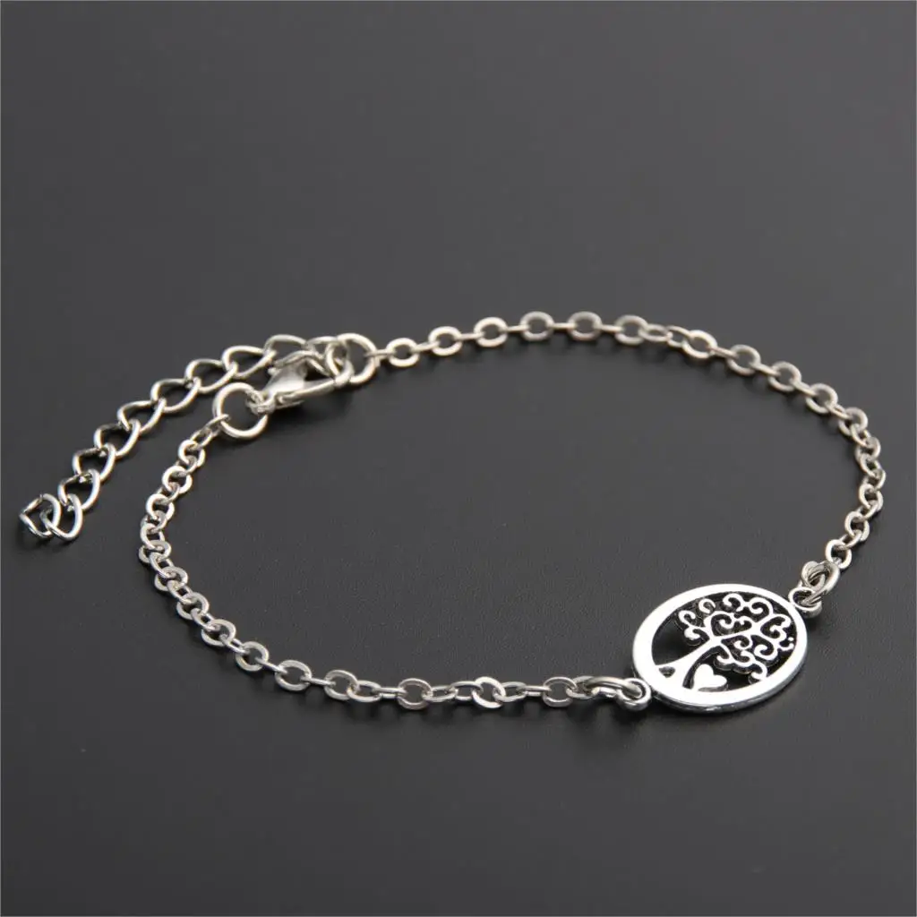1pc Silver Adjustable Chain Bracelet Women Tree With Herat Charms Round