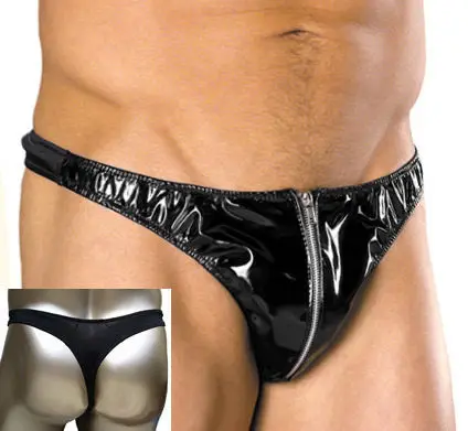 mens sexy metallic black uomini di plastica in pvc wetlook zip frontale pouch g string