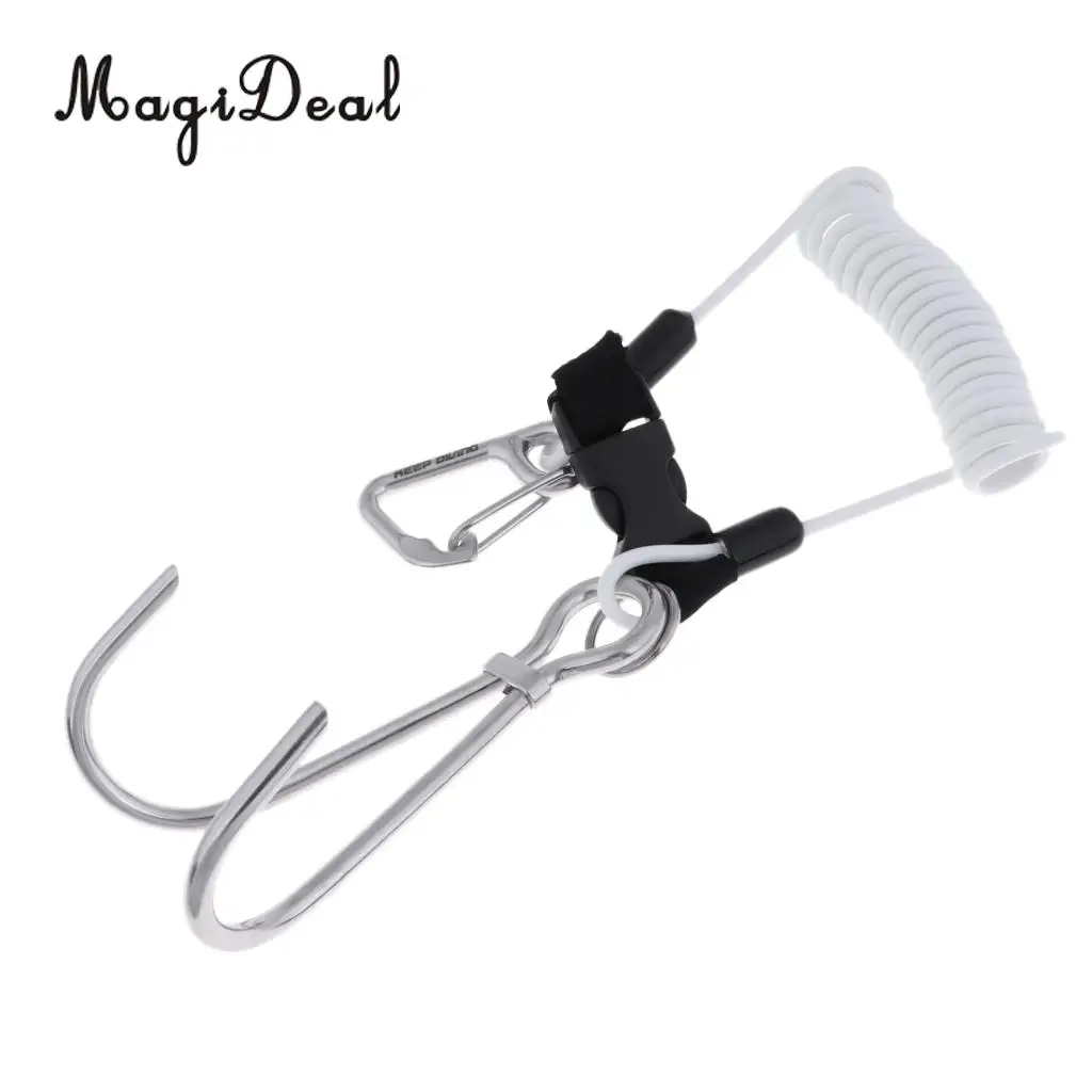 Underwater Sports Scuba Diving Double Stainless Steel Reef Drift Hook & Spiral Coil Lanyard + Snap Clip for Cave Dive