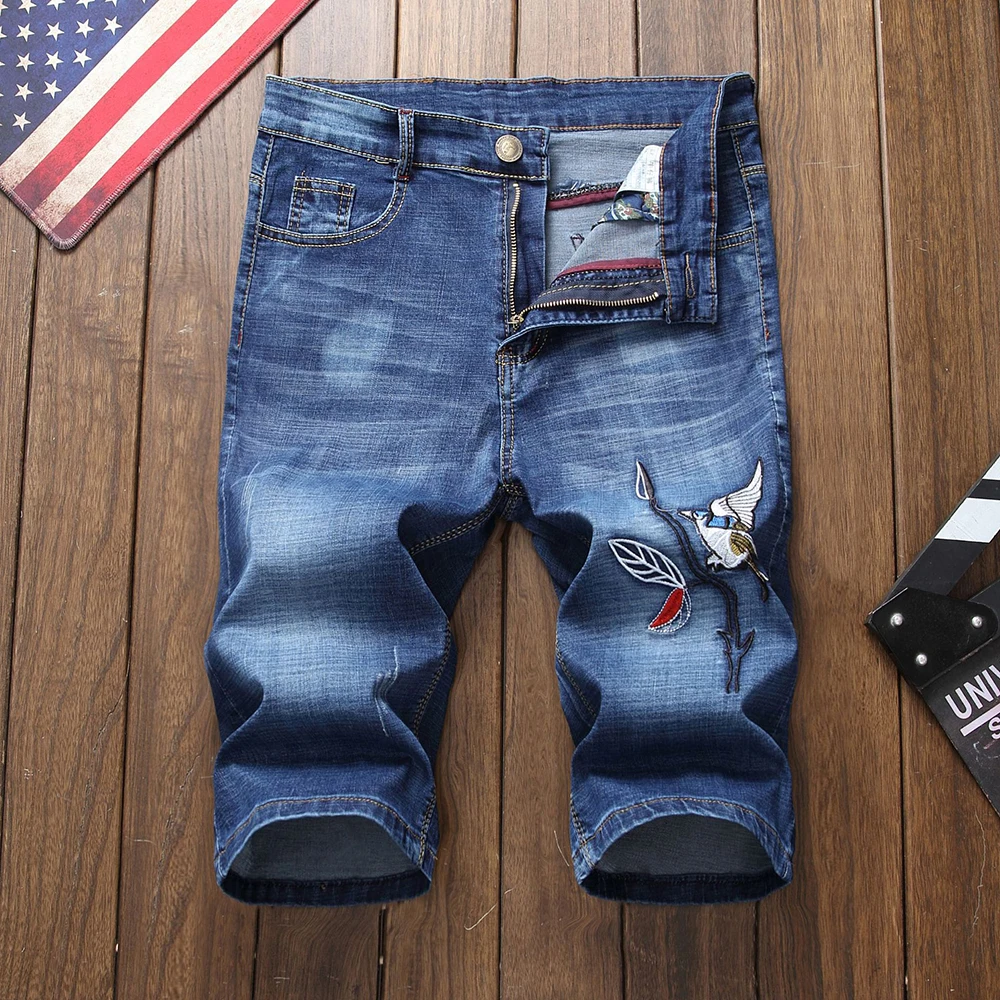 Летние эластичные рваные синие черные повседневные шорты harajuku мужские джинсы деним мужские джинсовые шорты с вышивкой модные короткие джинсы