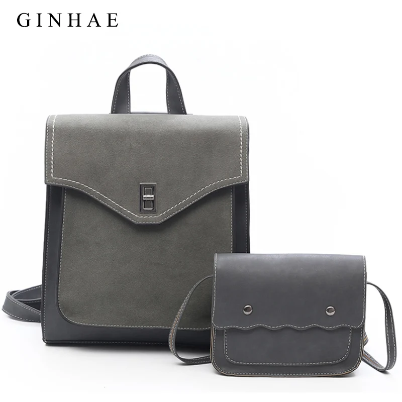 

2Pcs/set Women Bag Vintage Nubuck Leather Women's Backpack Female Shoulder Bag School Bags for Teenagers Mochilas Mujer 2018