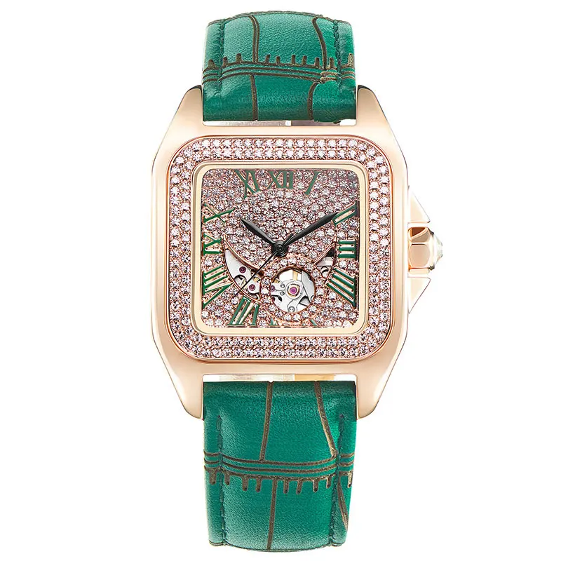FUYIJIA новые модные квадратные автоматические механические часы женские часы полая Роза Золотые часы Полный алмаз женские часы - Цвет: Green