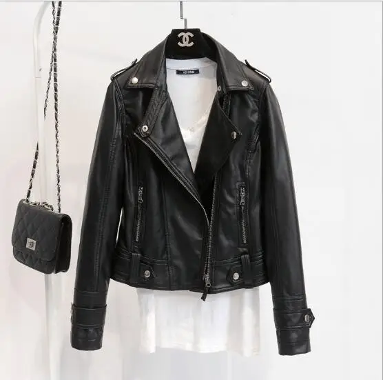 

Female 2018 New Design Spring Autumn PU Leather Jacket Faux Soft Leather Coat Slim Black Rivet Zipper Motorcycle Pink Jackets
