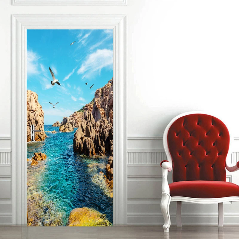 3D PVC Waterproof Door Stickers Home Decoration Wall Murals Wallpaper DIY Room Bedroom Door Decor Sea View Poster Wall Sticker 3d view shower curtain flowers landscape wall pattern bathroom curtain waterproof washable bath curtain customizable