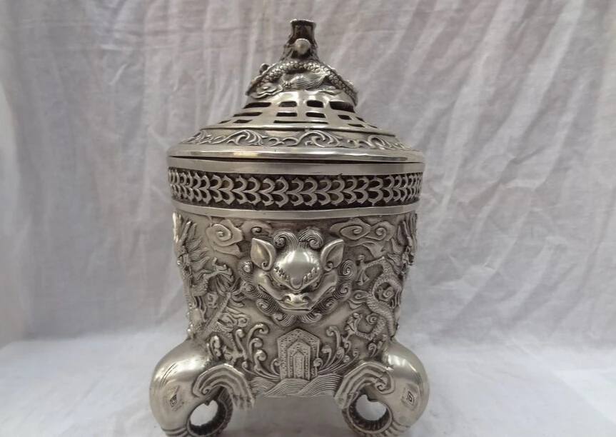 

S5377 Tibet Silver Dragon Lion Head Statue Bronze Box Elephant Incense Burner Censer D0318