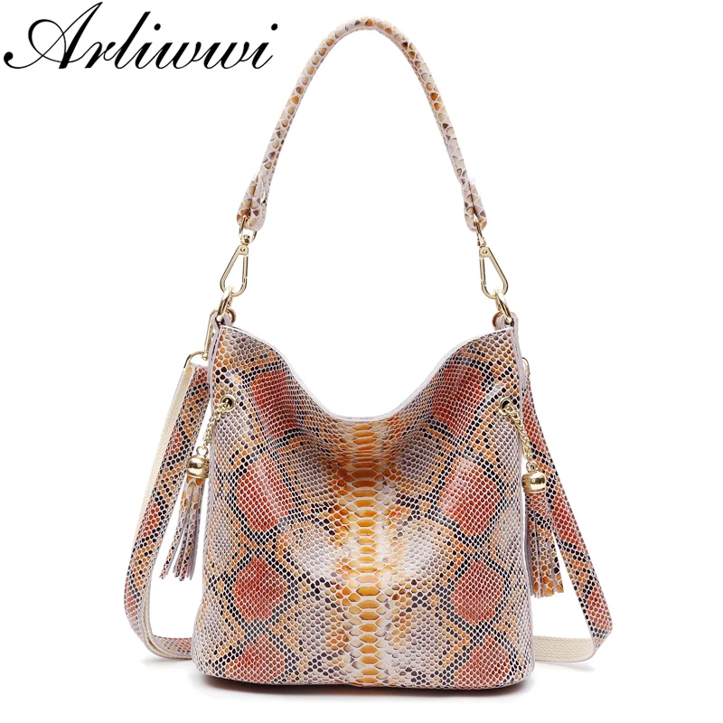  Arliwwi Real Leather Woman Snake Skin Hand Bags Luxury Designer 2 tone Colors Ladies Fashion Should - 32963084009