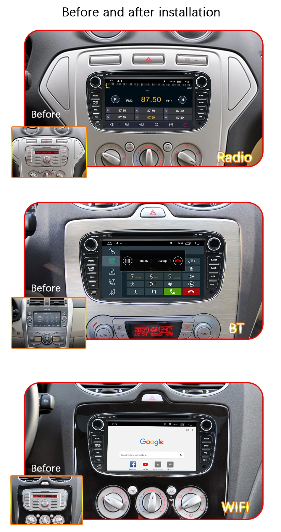 Perfect Eunavi 2 Din 7" Android 8.1 Car DVD Player Radio Online Maps GPS Navigation WIFI for Ford focus II Galaxy Transit Tourneo Mondeo 1