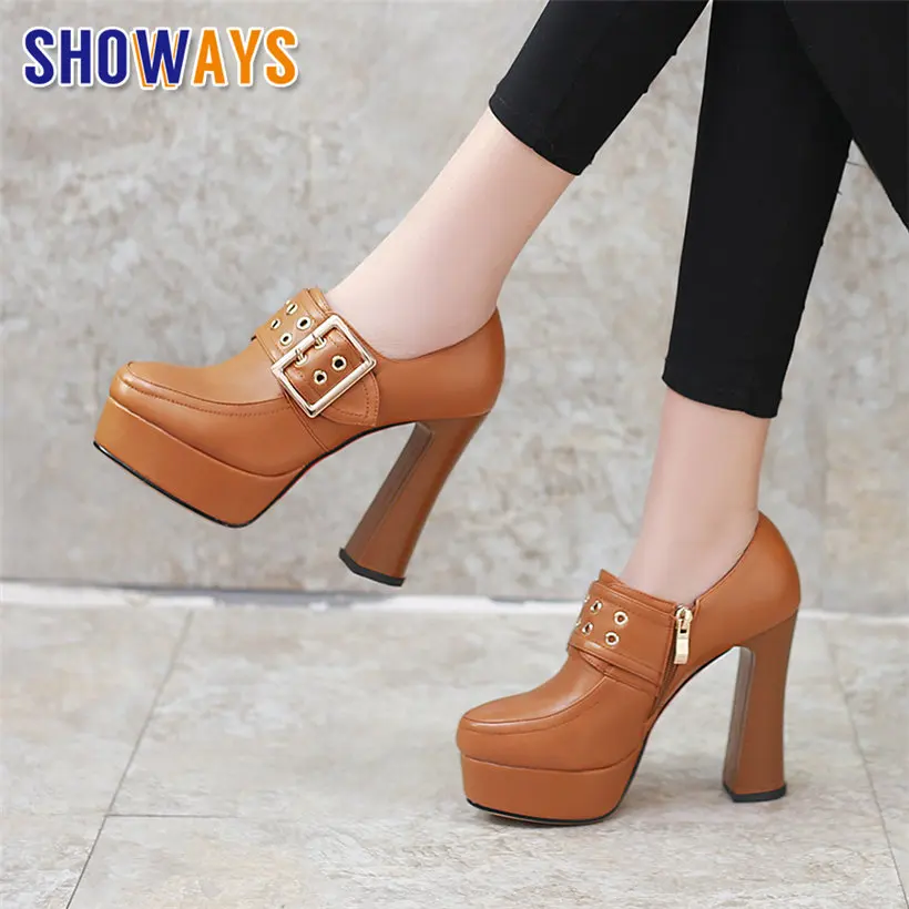 

Spring Autumn Women Platform Pumps Round Toe High Block Heels PU Leather Rivet Buckle Sexy Causal Party Office Lady Zipper Shoes