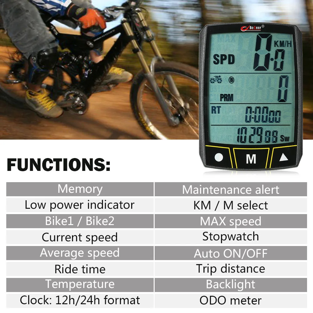 Bogeer беспроводной/проводной велосипедный компьютер Велоспорт датчик для мотоцикла водонепроницаемый с ЖК-дисплеем одометр спидометр светодиодный подсветка