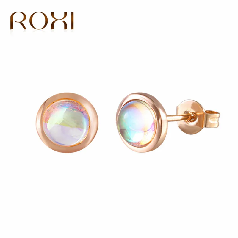 

ROXI ROMAD Brand Rose Gold Color Moonstone Ear Stud Earrings For Women Round Stud Earrings Fashion Wedding Jewelry Party Gift