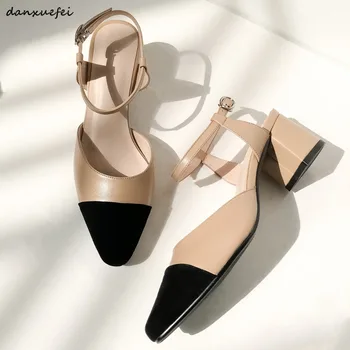 

Women's genuine leather ankle strap high heel sandals black toe elegant ladies summer dress shoes comfortable pumps shoes women
