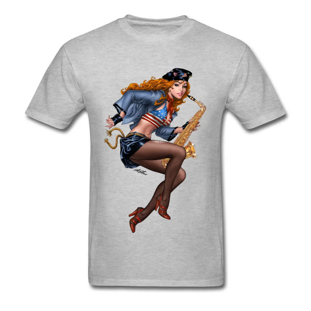 Cool Saxophone Playing Redhead Pinup Tops Shirt New Fashion Crew Neck Funny Short Sleeve 100% Cotton Student T Shirt Tee Shirts Cool Saxophone Playing Redhead Pinup grey