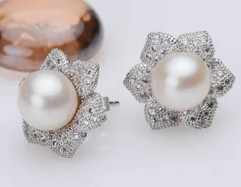 

8-9mm Size Real Freshwater Pearl Earrings Stud Earrings Flower Jewelry Girls' Women Female Jewellery