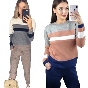 

Striped Sweater Pant Suit New Spring Women Sweater Suit and Sets Causal Knitted Trousers Jumper Tops Two Piece Sets Tracksuits
