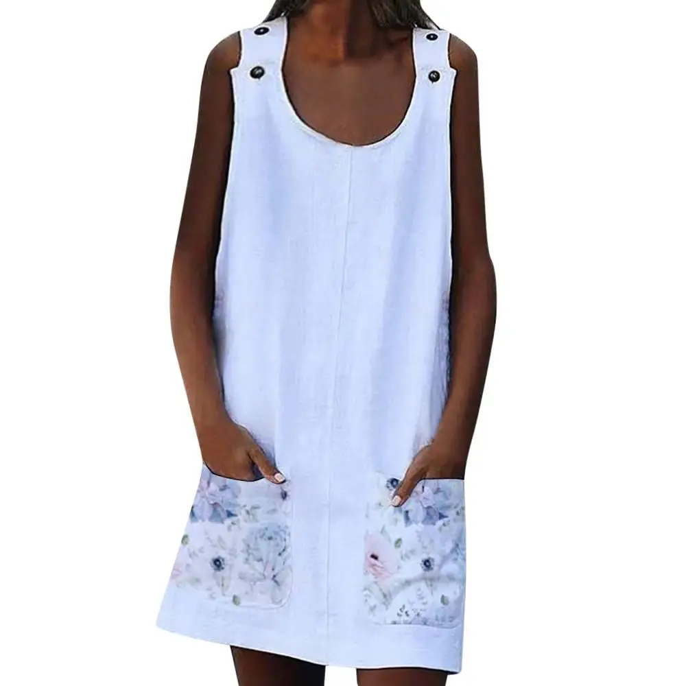 

New Women Round Neck Shift Daily Casual Button Plain Linen Cotton Dresses With Pocket Summer Hot Sale Loose Beach Dress vestidos