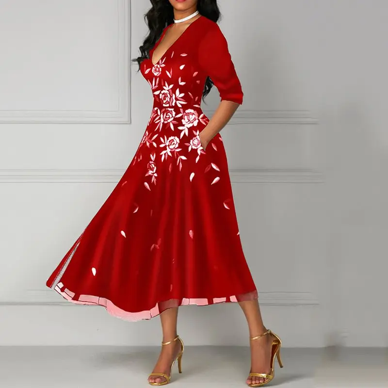 

Women Vintage Midi Dress Elegant Evening Sexy V Neck Mesh Sweet Pink Floral Print Fashion Pocket Summer Red Party Casual Dresses