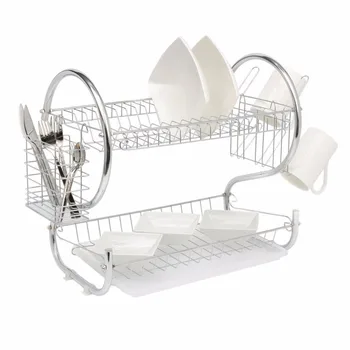 

2 Tier Home Kitchen Organizer Chrome Plate Dish Cup Cutlery Drainer Rack Drip Tray Plates Storage Holder Cutlery Plates Holder
