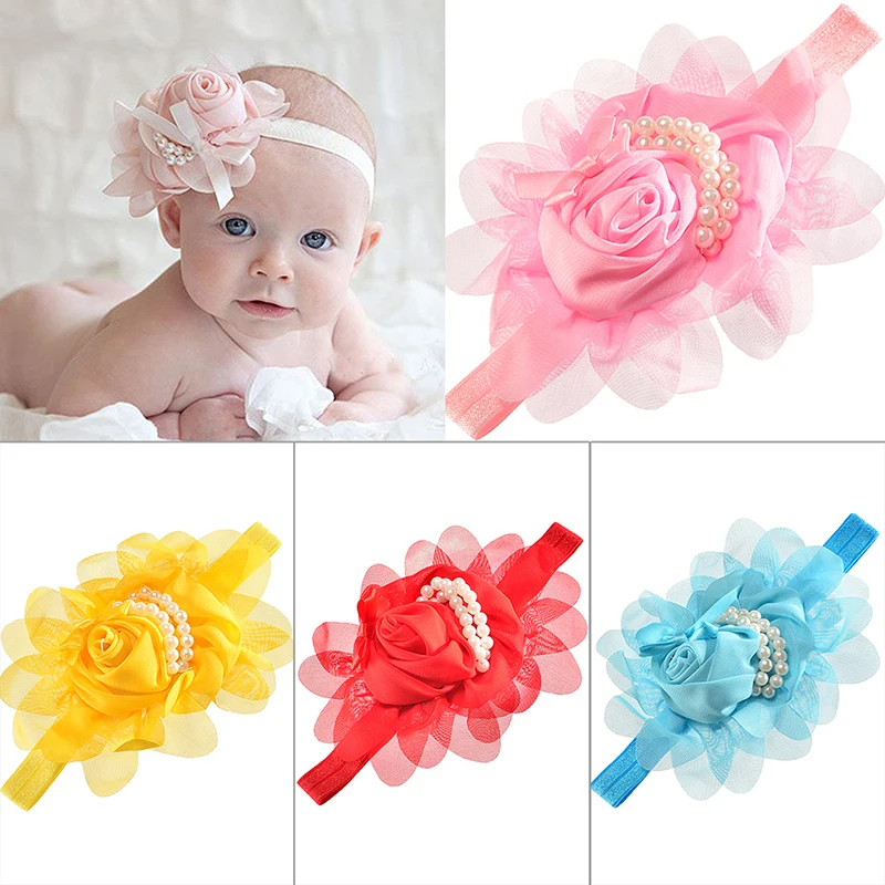 

1PC Big Flower Pearl Lace Headband Sweet Bow Knot Solid Hairband Party Photo Hair Band Gift For Baby 5 Colors