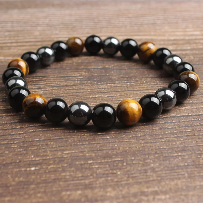 LanLi 8mm fashion Jewelry Tiger Eyes Black Onyx hematite interval beads bracelet Suitable for self- use gifts - Окраска металла: Золотой цвет