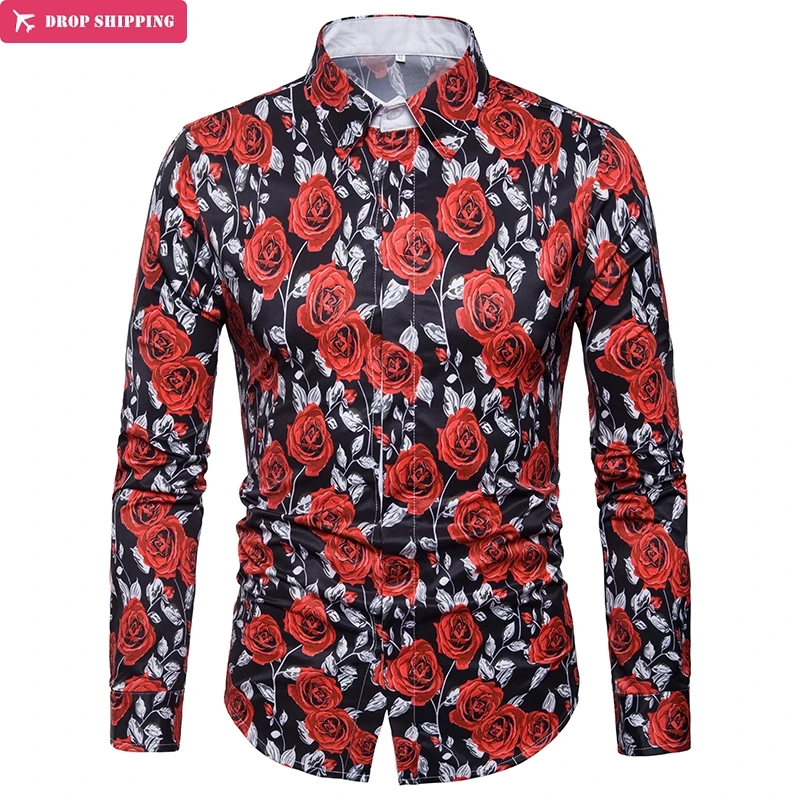 Men's Rose Flower Print Long Sleeve Dress Shirt Slim Fit Chemise Homme Casual Stylish Shirt Men Camisa 