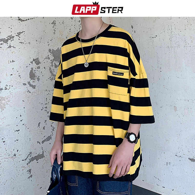 

LAPPSTER Harajuku Stripe Tshirt Summer 2020 Mens Korean Style T Shirt Men Oversized Yellow Tshirts Hip Hop Casual Pocket T-shirt