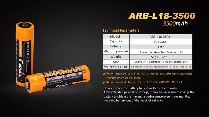 1 шт. Fenix ARB-L18-3500 3500 мА/ч, 3,6 V Перезаряжаемые 18650 литий-ионный аккумулятор Батарея для Портативный освещение