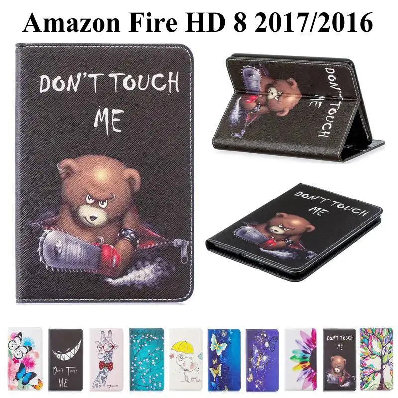 

3D Printed TPU Leather Case For Amazon Kindle Fire HD 8 2017 Tablet Stand Cover for Amazon Fire HD 8 2016 Tablet case +film+pen