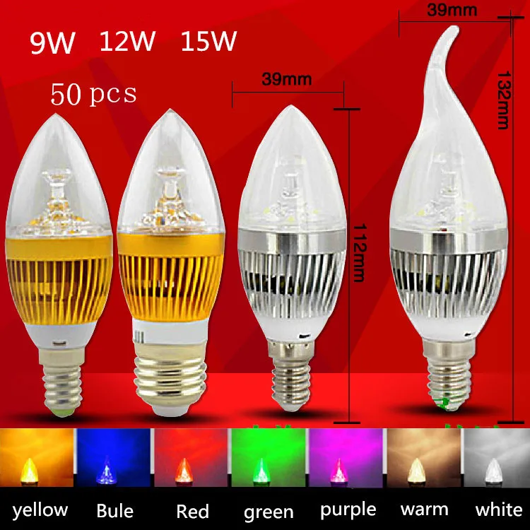 50pcs Free Shipping E14 E27B22 LED lamp candle bulb 9W 12W 15W AC85 265V warm red green bule