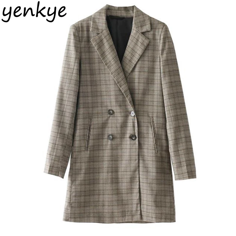 European Style Women Plaid Blazer Turn down Collar Long