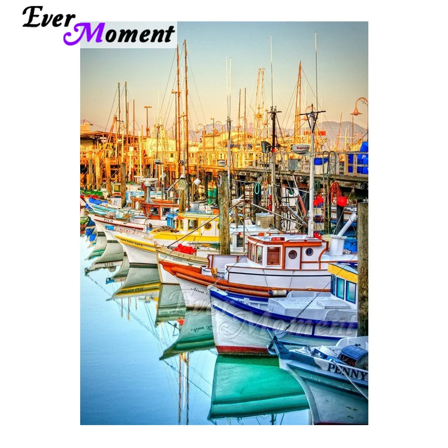 

Ever Moment Diamond Painting Wall Picture Of Rhinestone Boat Harbor Mosaic Full Square Diamond Embroidery Decoration S2F2225