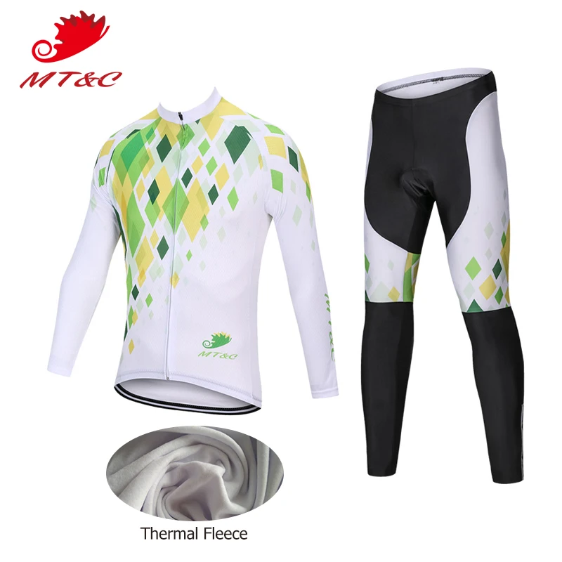 

MT&C Man Winter Cycling Jersey Set Green Diamond Thermal Fleece Elastic Clothing Quick Dry Pro Team Windproof Bike Clothes Sets