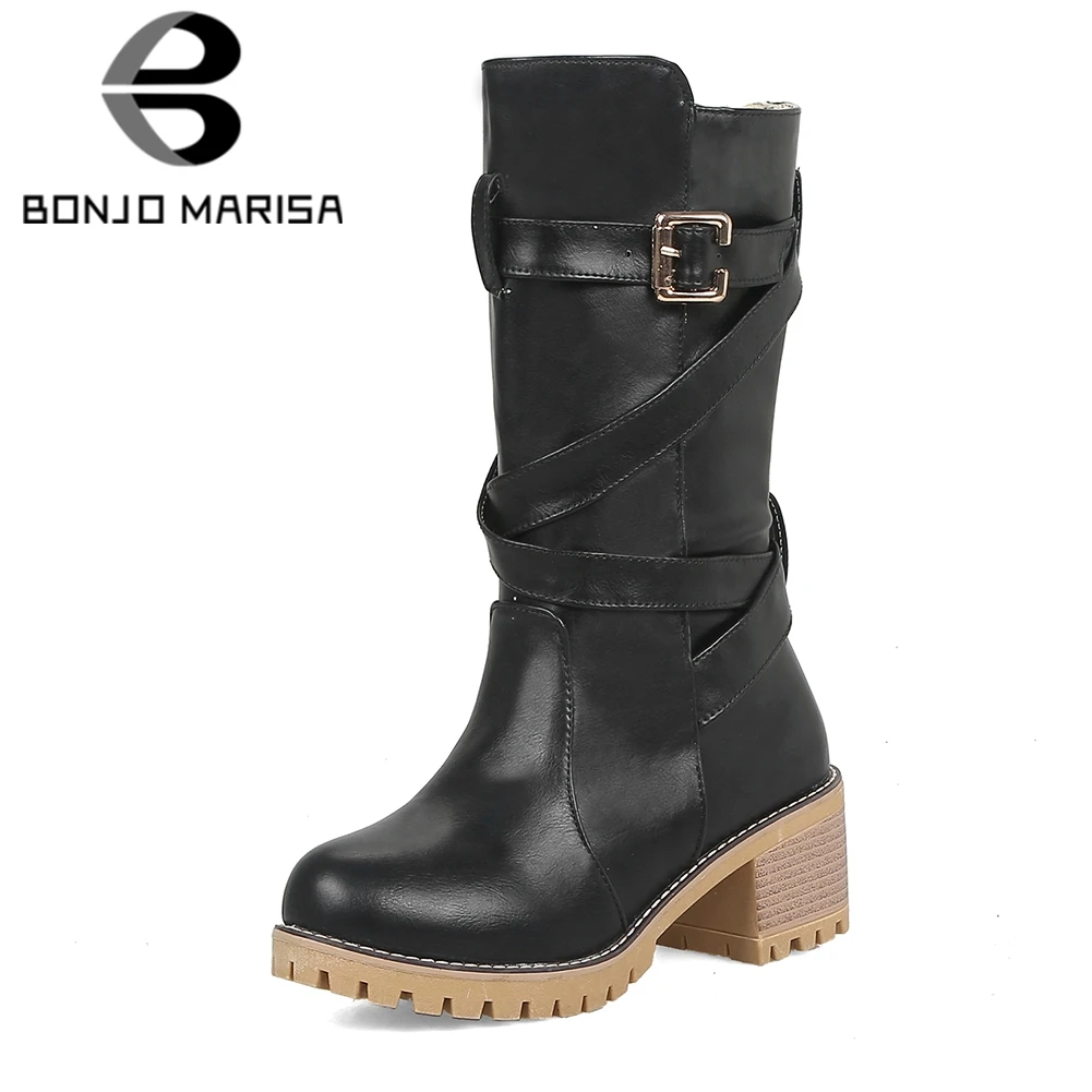 

BONJOMARISA Hot Sale Plus Size 34-43 Mid Calf Boots For Ladies Buckle Decoration 6cm Heels Riding Boots Female Shoes Woman