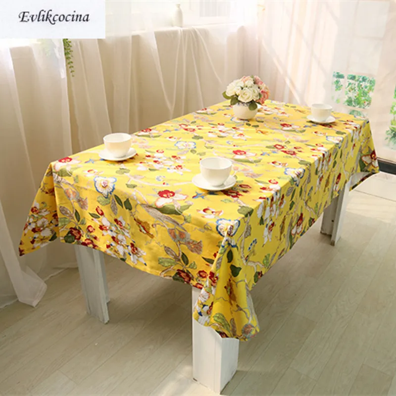 Free Shipping Flowers Birds Yellow Tablecloth Home/Hotel Table Cover Mantel De Mesa Multifunction Printed flax Covered Cloth | Дом и сад