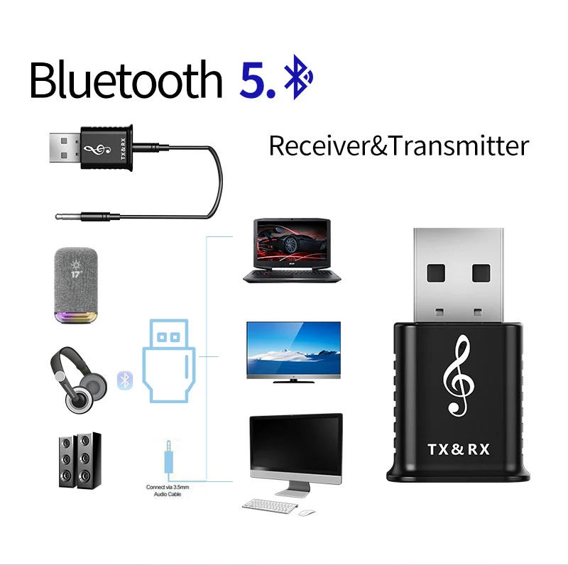 2 в 1 Bluetooth 5,0 в аудио приемник передатчик USB Bluetooth адаптер Мини 3,5 мм AUX стерео для автомобиля ТВ ПК