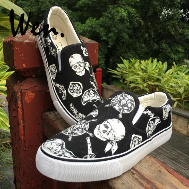 US $55.20 Wen Design Custom Skeleton Pirate Oneeyed Skull Sailing Rudder Slip On Black Pumps Women Hand Pain