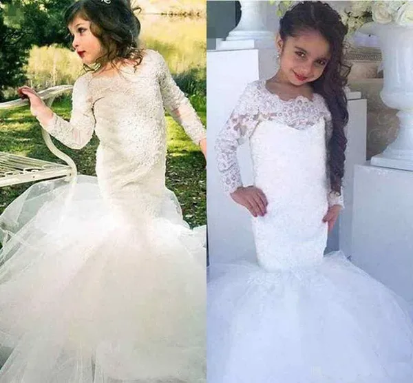 Pretty White Ivory Lace Long Sleeve Mermaid Flower Girl Dresses For Weddings Jewel Long Modest Garden Country Wedding Prom Kids Gowns