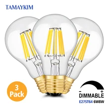 Free Shipping Dimmable E27 A60 LED Vintage Filament Light Lamp,6W 8W 220V-240V,Clear Glass Edison Bulb,2700K Warm White,3 Pack