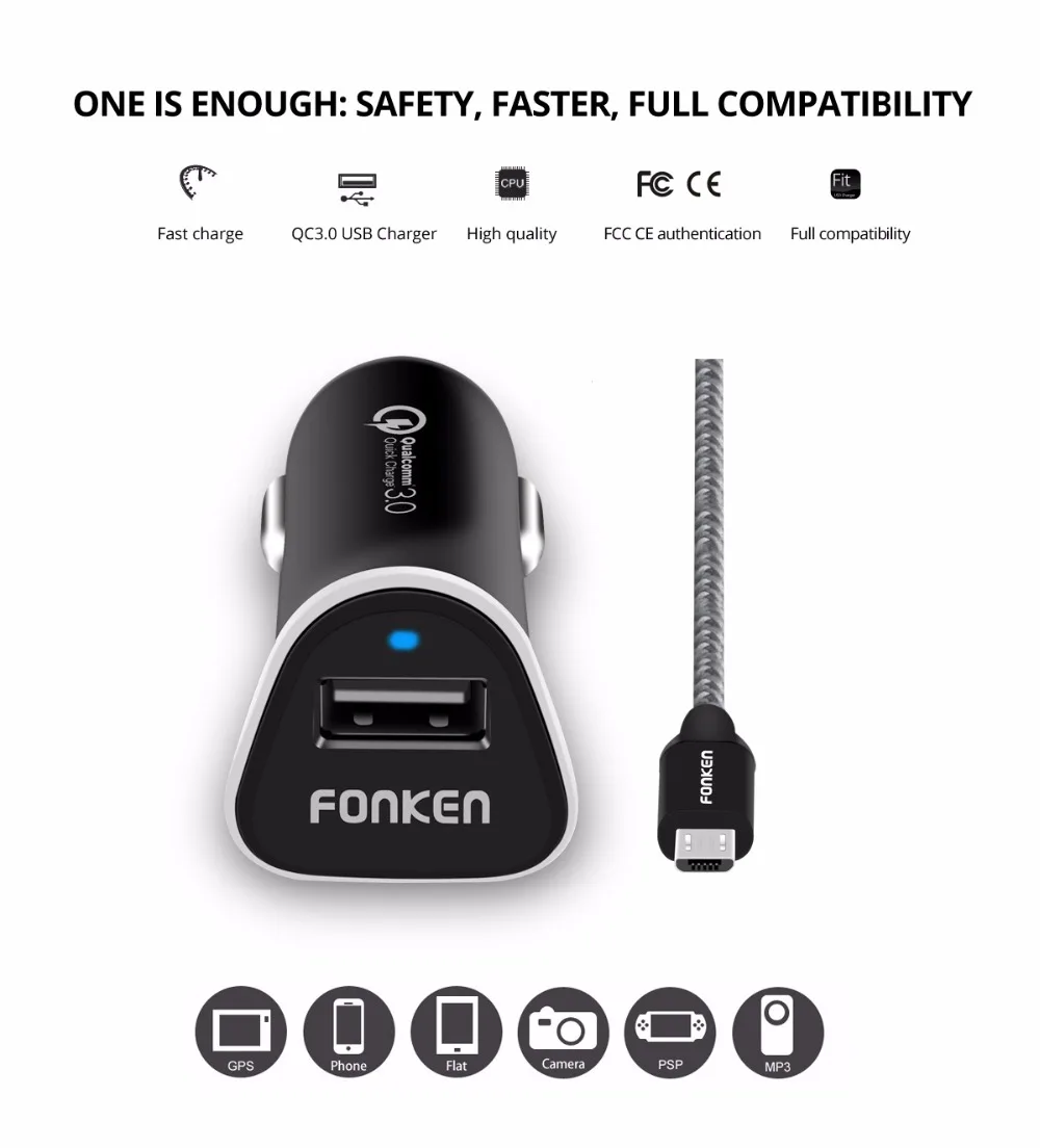 Автомобильное зарядное устройство FONKEN Quick Charge 3,0 USB Автомобильное зарядное устройство QC3.0 QC2.0 быстрое зарядное устройство для телефона 12V 1.5A светодиодный светильник для мобильного телефона зарядное устройство