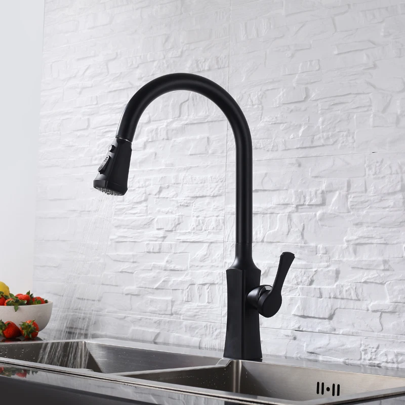 

OLMEY Bright Black Pull Out Kitchen Faucet with Sprayer, Single Handle Sink Hot and Cold Water Mixer Tap, Deck Mount